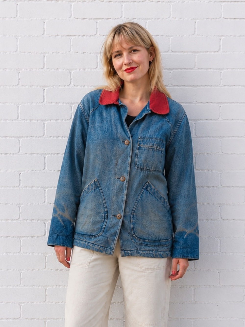 Vintage Denim Jean Chore Jacket Utility Coat Womens Large Blue Plaid fall grunge - Picture 16 of 16
